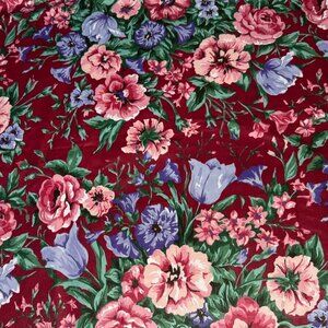 Vintage 90s Eileen West Floral Fabric Yard 39x54 Red Green Cotton